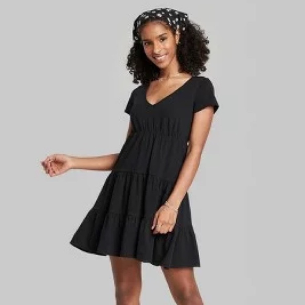 Wild Fable Black Short Sleeve Tiered Knit Babydoll Dress Small - Picture 7 of 8